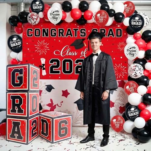 Graduation Decorations 2026 Black Red and White Balloon Boxes, Class of 2026 GRAD Letters, Balloon Garland Kit, Congrats Grad Banner Photo Backdrop for High School & College - Thumbnail 6