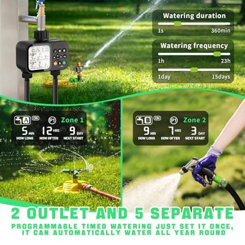 Sprinkler Timer for Garden Hose, 2 Zone Water Timer with with Auto Rain Delay, IP54 Waterproof 3.3“ Large LCD Drip Irrigation System Timers for Plant, Yard, Lawns, Outdoor - Thumbnail 6