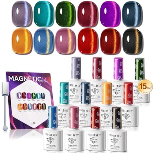 modelones 12Pcs 15ML Cat Eye Gel Nail Polish Set, Same Color Same Bottle Green Blue Yellow Pink Red Purple Cateye Gel Polish Set with Magnet Sparkle Series Hema-free Gel Polish Kit Soak Off Nail Art - Image 1