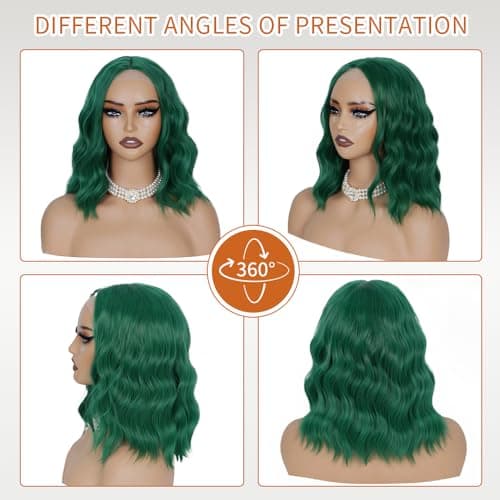 Uioxvn Green Short Curly Wavy Wig Synthetic Bob Style Natural Lace Hairline Heat Resistant Fiber Wigs for Women Glueless Crazy Looking Shoulder Length Middle Part Cosplay Party Use 14 Inch - Thumbnail 3
