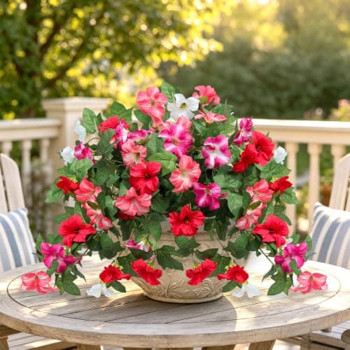 Flortevera Artificial Fake Flowers Plants for Outdoor UV Resistant, 2PCS Silk Faux Petunias No Fade Summer for Outside Planter Front Door Porch Yard Patio Balcony Realistic Decoration Red Pink - Thumbnail 4