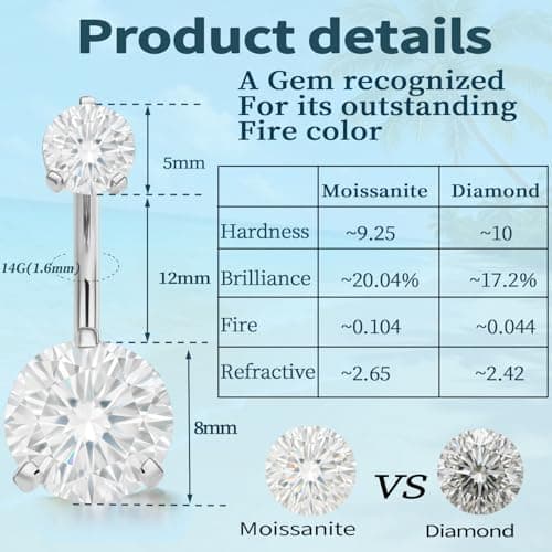 hooppoo Sparkling Moissanite Belly Button Ring, 14G G23 Surgical Grade Titanium with 14K Gold Plated | Internally Threaded & Hypoallergenic for Sensitive Skin | Unisex Body Jewelry (Silver) - Thumbnail 6