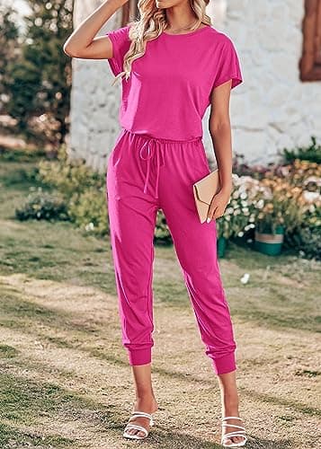 KIRUNDO Jumpsuits for Women Summer 2026 Casual Short Sleeve One Piece Outfits Drawstring Waist Long Pants Romper Jumpers(Rose Red, Large) - Thumbnail 4