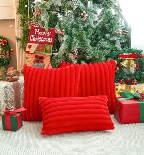 GriNeed Pack of 2 Christmas Red Pillow Covers 18x18 Inch Decorative Faux Fur Throw Pillow Cover, Soft Lumbar Plush Pillowcases for Couch Sofa Bed Living Room, Fluffy Cute Home Boho Accent Decor - Thumbnail 3