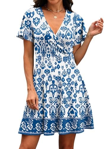 Beach Vacation Clothes Floral Sundress Wrap V Neck Flowy Summer Dresses 2026 Midi Dress Hide Tummy Floral Blue 02 2XL - Thumbnail 4