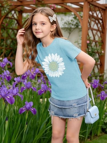 GEMLON Girls Graphic Tees Short Sleeve Cute T-Shirts Crew Neck Trendy Tops Summer Clothes for Girls 12-14 Blue - Thumbnail 3