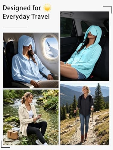 Kimmery UPF 50+ Travel Hoodie with Eye Mask for Women Outdoor Button Up Sun Shirt with Pockets for Airplane Lake Blue M - Thumbnail 5