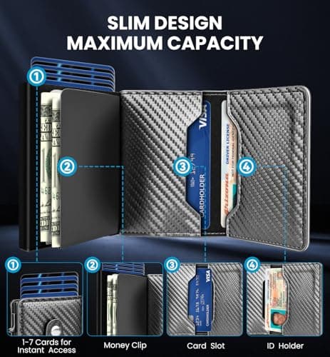 Wallet for Men with Pop Up Card Holder, Smart RFID Blocking Air-Tag Mens Wallets, Slim Minimalist Metal Credit Card Case Front Pocket with ID Holder Money Clip, 1-7 Cards Capacity, Carbon Fiber Black - Thumbnail 6