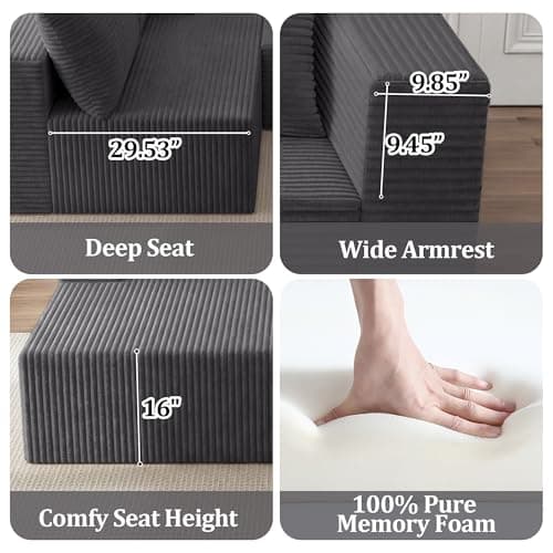 108" Modular Sectional Sofa, L-Shaped Cloud Couch with Deep Seats & Chaise, Convertible Corduroy Boneless Couches for Living Room, Bedroom, No-Assembly - Dark Grey - Thumbnail 6