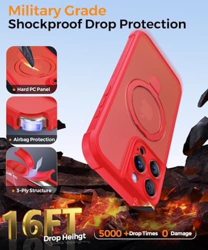 MOCCA Design for iPhone 16 Pro Case with Magnetic Invisible Stand [Full Camera Protection] [Compatible with Magsafe] Military Drop Shockproof Translucent Matte Phone Case Cover 6.3",Red - Thumbnail 5
