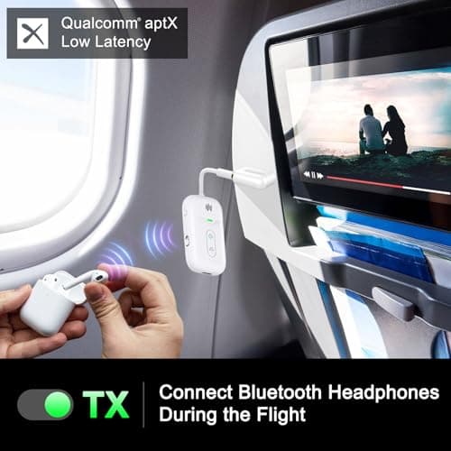 Premium Airplane Bluetooth 5.4 Transmitter Adapter, for 2 AirPods/Headphones,2 in 1 Transmitter Receiver with aptX Low Latency,Wireless Adapter for Flight,TV,Gym,Tablets Car Stereo - Thumbnail 3