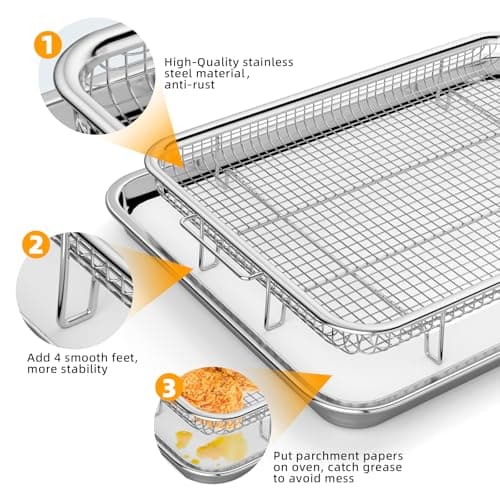 Air Fryer Basket for Oven, 2 Set Air Fryer Tray and Pan with 60PCS Parchment Papers, YEPATER Stainless Steel Air Fryer Pan and Crisper Tray for for Baking Grilling Cooking and Frying - Thumbnail 3