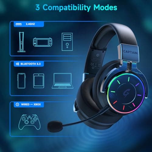 syndesmos 2.4GHz Wireless Gaming Headset for PS5, PC, PS4 - RGB Light Gaming Headset, 60 HR Battery, 7.1 Surround Sound, Bluetooth 5.4 Gaming Headphones with Mic Black - Thumbnail 6