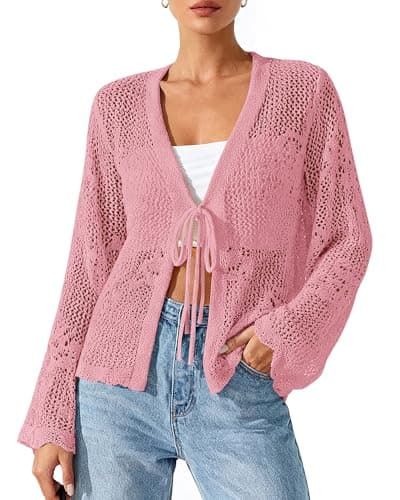 BTFBM Summer Cardigans for Women Lightweight 2026 Spring Crochet Mesh Long Sleeve Tie Front Knit Beach Vacation Outfits(Pink, X-Large) - Image 1