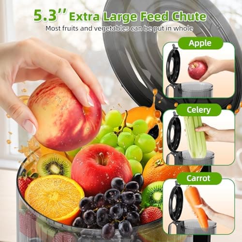 ​Budsom Cold Press Juicer Machine: 300W Slow Masticating Juicer for Whole Fruits & Vegetables, 5.3" Wide Feed Chute, High Juice Yield, Easy to Clean, Quiet 55 RPM, Juice Extractor for Home & Kitchen - Thumbnail 4