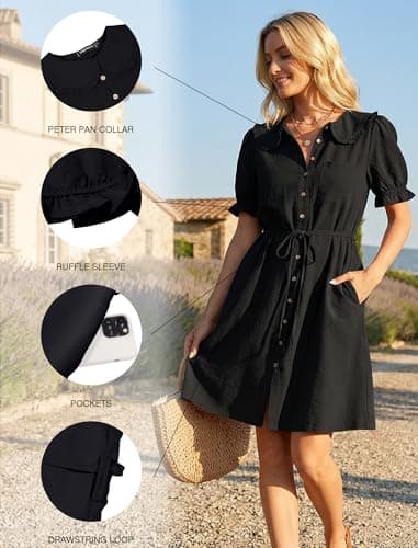 Theenkoln Womens Button Down Mini Dress:Oversized Peter Pan Collar Short Sleeve Flowy Baby Doll Dresses with Belt Black XL - Thumbnail 4