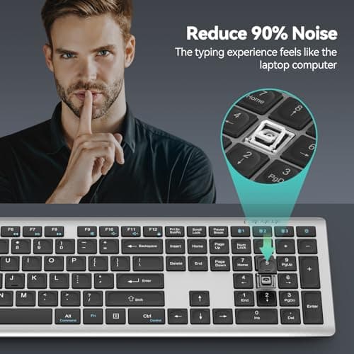 TECKNET Bluetooth Keyboard Rechargeable, 4-Device Free Switching (2.4G+BT), Ultra-Slim Full Size Wireless Keyboard, Quiet Typing, for PC/Laptop/Smart TV/Phone, Adjustable Stand, 12 Multimedia Keys - Thumbnail 6