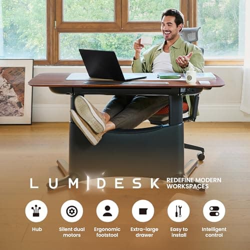 COLAMY Electric Standing Desk 55x28 Inch, Wobble-Free Dual Motor Sit Stand Up Home Office Computer Desk, One Piece Motorized Workstation Gamer Studio Table, Outlets & Footrest,Walnut Black - Thumbnail 4