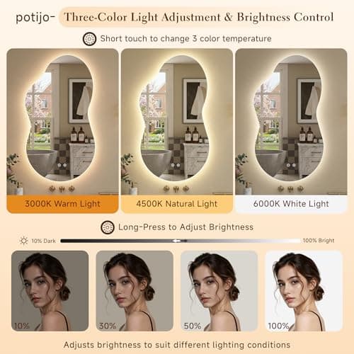 Irregular LED Mirror with Lights 40x24 Inch Backlit Asymmetrical Bathroom Mirrors for Wall Cloud Lighted Vanity Mirrors Shatterproof, Anti-Fog, Dimmable, 3 Colors (Horizontal/Vertical) - Thumbnail 5