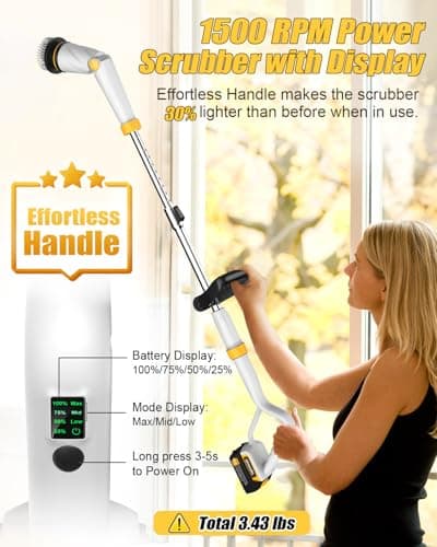 Qimedo Electric Spin Scrubber with Two Batteries Q2 Pro,1500 RPM High Power Electric Scrubber for Cleaning,Shower Cordless Cleaning Brush with Display for Tub/Tile/Floor (Effortless Handle/8 Brushes) - Thumbnail 4