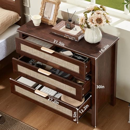 LEYAOYAO 31.5" Wide Rattan Nightstand, Large Boho 3 Drawer Night Stand, Walnut Bedside Table with Storage, Tall Bed Side End Tables, Chest of Drawers Dressers for Bedroom, Living Room, Hallway - Thumbnail 2