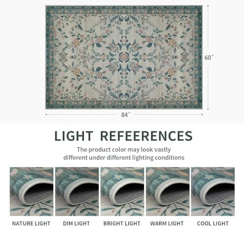 Dotiiorug Vintage Washable Area Rug for Living Room,Low Pile 5x7 Non Slip Carpet Non-Shedding Area Rug Soft Indoor Stain Resistant Rug Floral Print Mat for Bedroom Dining Room 089-Green - Thumbnail 2