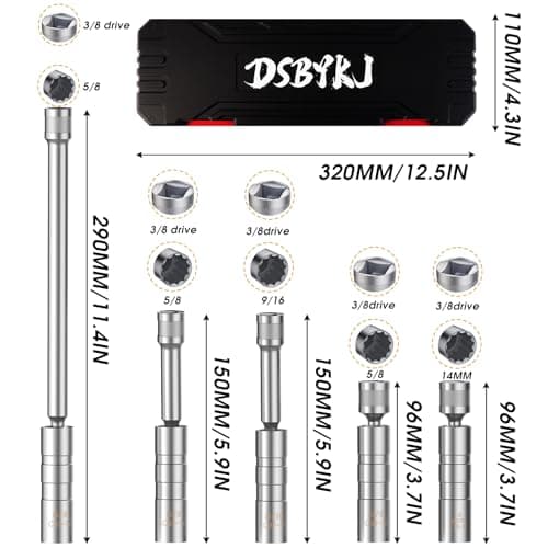 DSBYKJ 5 Piece 3/8" Drive Magnetic Rotary Swivel Spark Plug Socket Set ，Thin Wall Spark Plug Sockets with9/16", 5/8", 14mm Receptacles and 3/8" Drivers with 12 Points, Cr-V Steel - Thumbnail 2