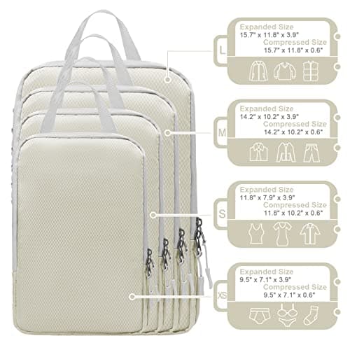 WOOMADA Compression Packing Cubes for Suitcases Travel Essentials 4 Set Expandable Travel Bags Organizer for Luggage(ivory) - Thumbnail 3