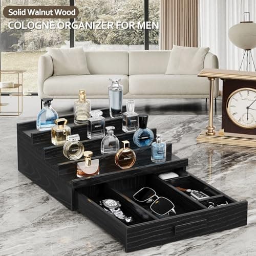 Hrbjunuo Solid Walnut Cologne Organizer for Men, 4 Tier Cologne Stand, Wooden Cologne Holder Display Shelf with Drawer Storage and Hidden Compartment, Black Perfume Stand Organizer, Gifts for Men - Thumbnail 2