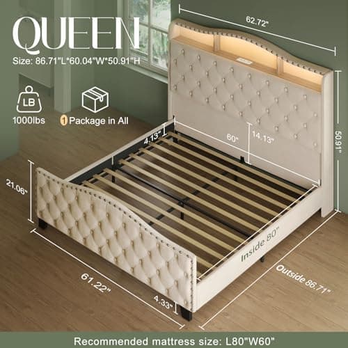 Belffin Queen Size Bed Frame and Headboard, 50.9" Velvet Upholstered Wingback Bedframe with LED Lights & Storage/Charging Station, Button Tufted Tall Footboard, No Box Spring Needed, Noise-Free, Beige - Thumbnail 2