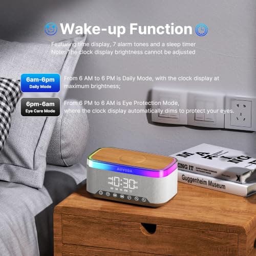 AUVODA S300 16W Stereo Bluetooth Speaker with 15W Fast Wireless Charging, 13-Color Night Light, Alarm, White Noise, FM Radio, Portable, TWS, BT5.3, for PC, Smartphone, Home, Office & Bedroom (Wood) - Thumbnail 6