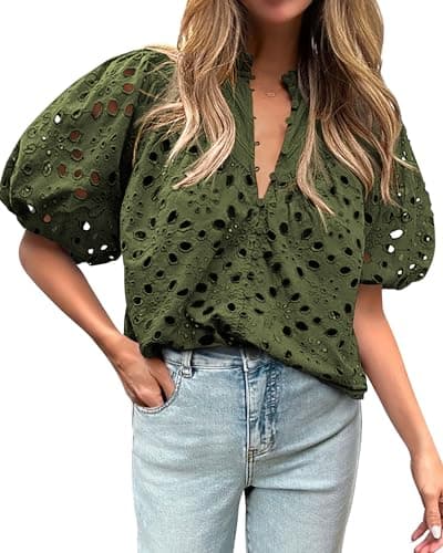 BTFBM Womens Blouses Summer Hollow Out Eyelet Embroidery Tops V Neck Buttons Puff Sleeve Boho Shirts Spring Fashion 2026(Army Green, Large) - Image 1