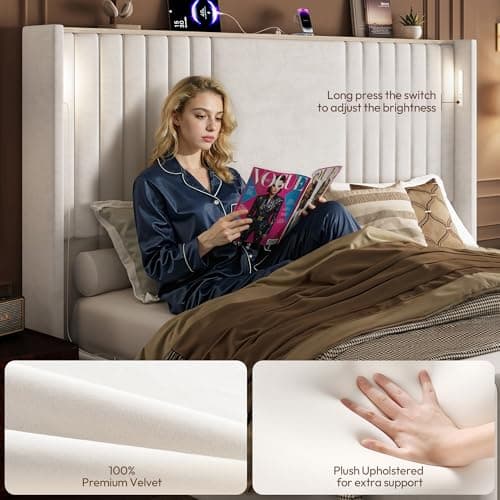 Uteeran Queen Bed Frame with 55.1" Tall Headboard, Velvet Upholstered Platform Bed with Channel Tufted Wingback, 2 Reading Lights/Storage Shelf/Charging Station/Easy Assembly/Noise-Free, Cream - Thumbnail 4
