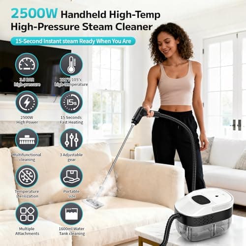 SRGARH Pressurized Steam Cleaner, 54oz Large Tank, Portable Steamer for Cleaning with 15-Piece Kit, 15s Fast Heat-Up, 3-Level Control, Handheld Steam Cleaner for Home, Car, Kitchen (White) - Thumbnail 5