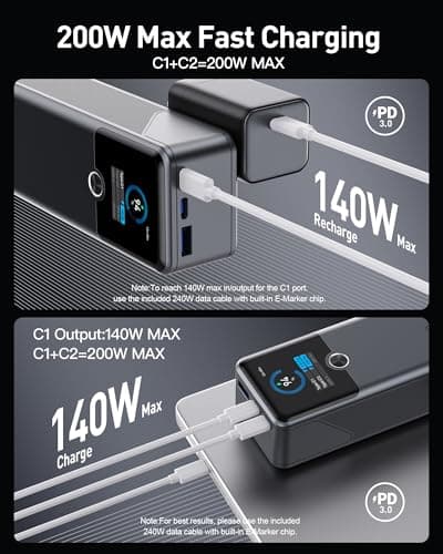 SIXTHGU Laptop Power Bank, 3-Port 20,000mAh Portable Charger with 200W Max Output, PD 3.1 Fast Charging, Flight-Approved for Travel, PowerTower, for MacBook, iPhone 17/16 Series, and More(Grey) - Thumbnail 2