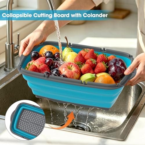 Gintan Collapsible Camping Cutting Board, 9-in-1 Chopping Board with Colander, Kitchen Vegetable Washing Basket for Camping, Camping Gifts Camping Accessories for RV Campers (Blue+Grey) - Thumbnail 4