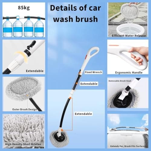 3-Section Telescopic Car Wash Brush with 15° Curved Aluminum Alloy Handle & 180° Adjustable Head | Non-Scratch Brush for Car Truck RV Boat Wheel Well Solar Panels Cleaning - Thumbnail 4