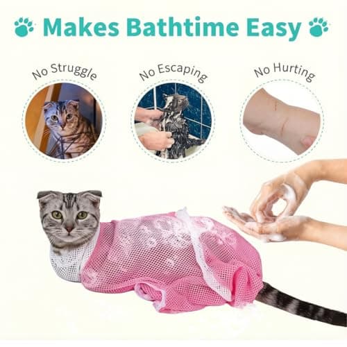 MINOCHI Cat Bathing Bag for Grooming, Pet Wash Bag with Adjustable Neck & Zipper, Anti Scratch Cat Shower Bag with Mesh Breathable, Portable Pet Restraint Bag for Bathing, Ear Cleaning (Pink) - Thumbnail 4