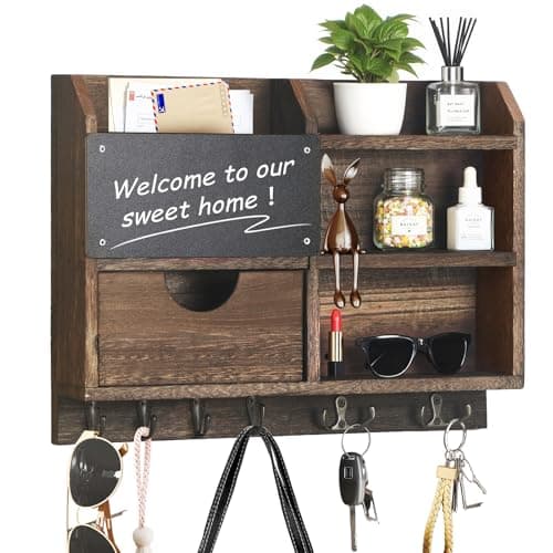 Key Holder Wall Mount, 14.5x11.2x3.5'' Larger 3-Tier Shelf 8 Hooks Drawer Storage,Wooden Key and Mail Holder for Wall,Farmhouse,Home,Living Room,House,Office Decor,Hats,Bag,Dog Leash Hanger Organizer