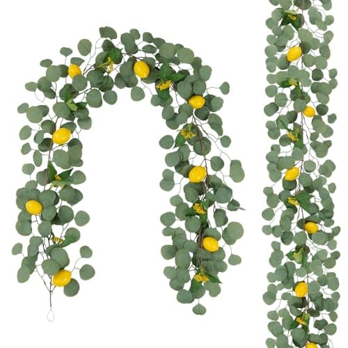 U'Artlines 2Pcs Total 12.6 Ft Artificial Lemon Garland Spring Summer Faux Fruit Vine Garlands with Greenery Eucalyptus Leaves for Door Wall Mantle Wedding Party Table Decorations