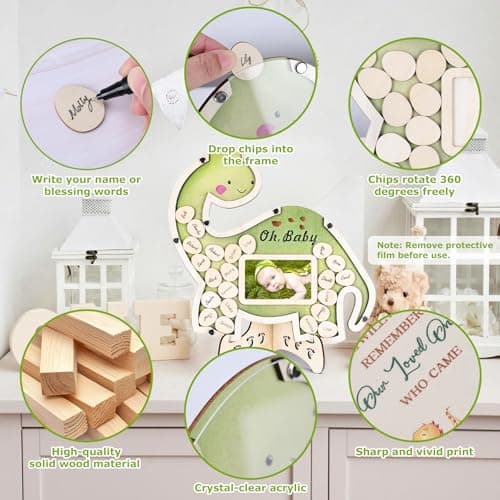 HANDSOME MONKEY KING Dinosaur Baby Shower Guest Book Alternatives, Baby Shower Decorations with Photo Frame and Wooden Dinosaur Egg Slices, Guest Sign in GuestBook for Gender Reveal Decorations - Thumbnail 3
