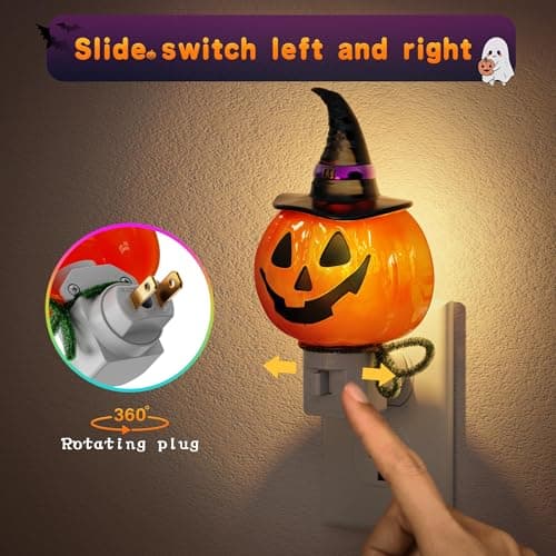 JandCase Halloween Night Light, 3000K Night Lights Plug into Wall,Cute & Funny Pumpkin Night Light for Kids,Plug in Pumpkin Nightlight with 360° Rotatable for Halloween Party Decor,1 Pack - Thumbnail 2