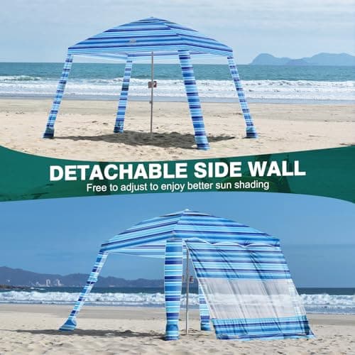 Rhino Valley Beach Cabana, 8 * 8FT Beach Tent UPF50+ Protection, Easy Setup Beach Canopy Wind Resistant with Cup Holder, Compact Beach Shade Foldable Beach Tent Sun Shelter, Blue Four Stripes - Thumbnail 5