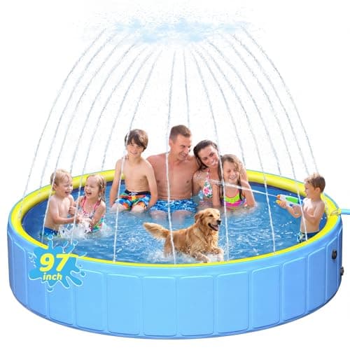 97In Extra Large Anti-Slip Dog Pool with Sprinkler, Sturdy 2-in-1 Foldable Hard Plastic Kiddie/Kids Swimming Pool, Summer Swimming Bath Tub for Kids/Large Dogs/Pets