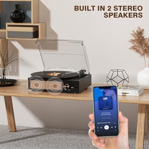 Record Player for Vinyl with 2 Build-in Speakers LP Vinyl Players Belt-Driven Vintage Turntables 3 Speed 3 Size, Wireless Bluetooth Playback, AUX-in, RCA Out, Headphone, Auto Stop Black Wood - Thumbnail 6