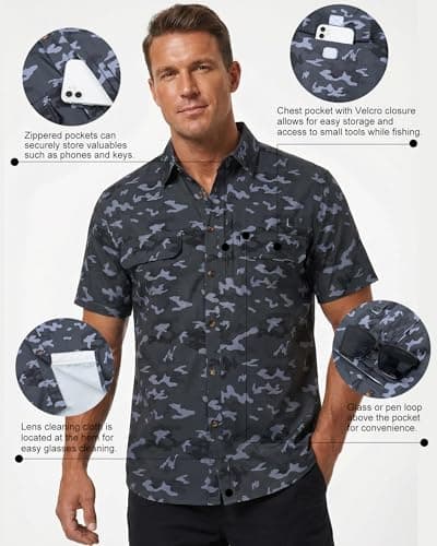 Cozople Men Sun Protection Fishing Shirts Black Camouflage Short Sleeve Button Down UPF 50+ Breathable Outdoor Hiking Shirt for Travel Safari Climbing M - Thumbnail 5