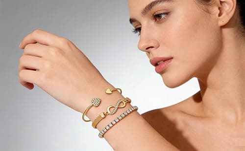 Alegend 14K Gold 3PCS Stackable Crystal Bracelet Set - Heart & Infinity Symbol Bangles, Chic Women's Jewelry - Thumbnail 4
