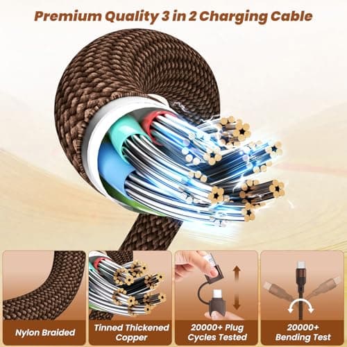 Travel Multi Charging Cable, 5 in 1 Charging Cables for Multiple Devices, Nylon Universal Phone Charger Cord USB A/C to Type C/Micro USB/IP for iPhone17/16/15/14/Phone&Pad (2Pack,4FT)Brown+Black - Thumbnail 4