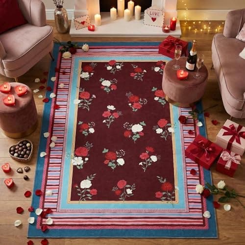 GarveeHome Pink Purple 8x10 Area Rug, Vintage Floral Design, Machine Washable Low Pile Rug, Lightweight Non Slip, Soft Carpet for Living Room Bedroom Dining Room Nursery
