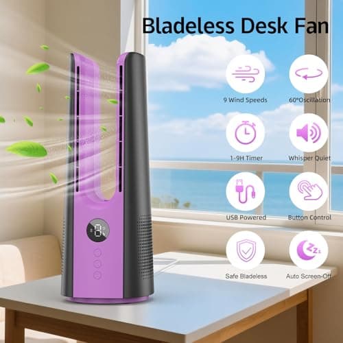 KONSIDEN Bladeless Desk Fan for Office, 13-Inch Small Quiet Desktop Fan with 9 Speeds, 60° Oscillation, 1–9H Timer and LED Display, Plug-In Bedside Fan with Adapter for Bedroom and Nightstand - Thumbnail 2